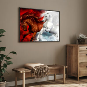 Red & White Horse Canvas painting with frame Big Size Wall Art for living room,Bedroom,Drawing room,Hotels